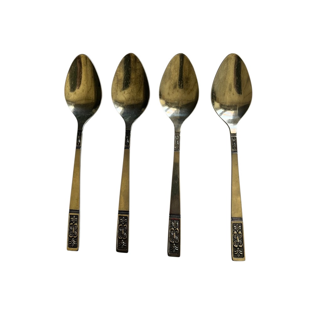 Vintage IIC Japan Stainless Steel Spoons Silver Tone Scroll Pattern Set of 4